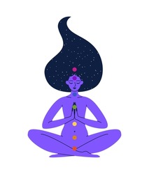 Seven chakras. The woman is sitting in the lotus position, hands are connected. In the hair of the stars, space. The woman is meditating. Color vector illustration of a girl in harmony with herself.