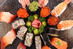 Sushi set : Assorted sushi platter selection. Top view.