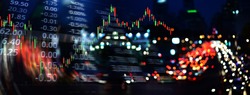 growth candle stick graph line of trade stock markrt and index number on glow blur city light banner business background