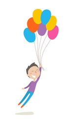 Cute little boy flies with colorful balloons, flat illustration, vector character, isolated on white background.