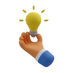 3d icon hand holding light bulb gesture. Vector cartoon great idea concept. Quick tip realistic illustration for social media isolated