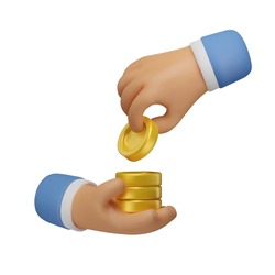 3d Icon hand giving coins. Realistic vector render emoji. Money concept, golden coins design element isolated on white background