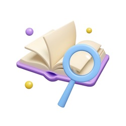 3d search icon. Magnifying glass with open book vector render illustration, isolated on white background