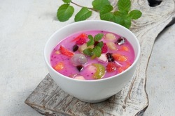 Es buah or sop buah-is an Indonesian iced fruit cocktail dessert. This cold and sweet beverage is made of diced fruits mixed with shaved ice or ice cubes, and sweetened with liquid sugar or syrup.