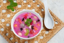 sop buah (es buah )-is an Indonesian iced fruit cocktail dessert. This cold and sweet beverage is made of diced fruits mixed with shaved ice or ice cubes, and sweetened with liquid sugar or syrup.