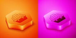 Isometric Pet carry case icon isolated on orange and pink background. Carrier for animals, dog and cat. Container for animals. Animal transport box. Hexagon button. Vector