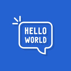 hello world text in speech bubble. concept of simple text for greeting card or postcard. flat cartoon style trend modern minimal linear logotype graphic art design isolated on blue background