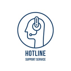 hotline or support service with thin line head. linear stroke logotype graphic lineart design isolated on white. concept of business counselor or virtual assistant or technical receptionist with mic
