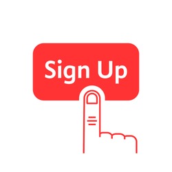 red linear finger presses on sign up button. flat linear style trend modern logo graphic design on white background. concept of click here like ui symbol and new registration on web site