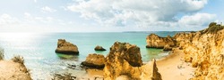 High level view of rugged cliffs and sea stacks, Alvor, Algarve, Portugal, Europe