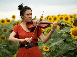 A beautiful, young girl plays the violin, enjoying nature on a field of yellow sunflowers under the gentle rays of the sun. Summer. Musical instrument.