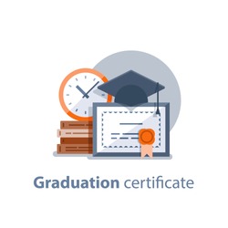 Education concept, graduation hat, diploma and clock, degree certificate, accomplishment, vector illustration