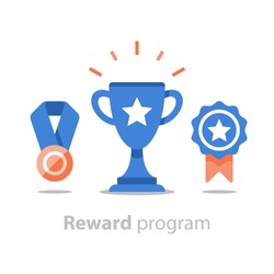 Reward program, winner cup, first place bowl, game trophy, win super prize, achievement and accomplishment concept, earn points, medal vector icon, flat illustration