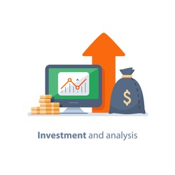 Investment strategy, financial analysis, hedge fund, venture business, mutual fund, trust management, interest rate, capital growth, data review on desktop, stock market and exchange, accountancy icon