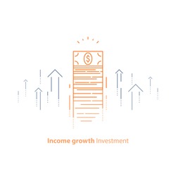 Income increase, financial strategy, high investment return, money bundle, fund raising, long term increment, revenue growth, interest rate, bond dividends, stock market, vector line icon thin stroke