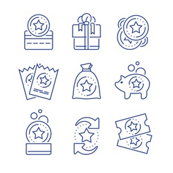 Loyalty incentives, bonus card, earn reward, redeem gift, shopping perks, discount coupon, collect coins, win present, lottery ticket, vector mono line icon set, linear illustration, outline design