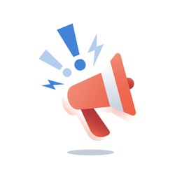 Outbound marketing, smm strategy, promotion campaign, advertising concept, public relations, red megaphone, advance information, organize event, fake news, announcement message, voice amplifier icon