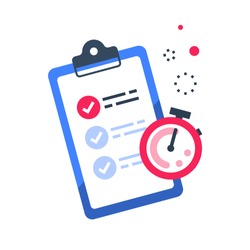 Fast services, check list and stopwatch, to do plan, procrastination and efficiency, project management, quick questionnaire, short survey, vector flat illustration