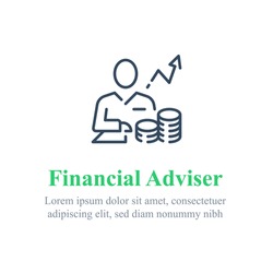 Financial adviser, stock market analysis and investment strategy, trust or wealth management, vector line icon