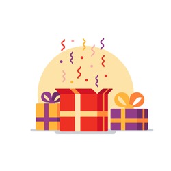 Opened gift box, surprise, celebration event, surprising gift boxes. Give presents concept. Flat design vector illustration