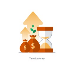 Compound interest, time is money, financial investments in stock market future income growth, revenue increase, money return, pension fund plan, budget management, savings account, banking vector icon