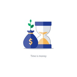 Compound interest, time is money, financial investments stock market, future income growth, revenue increase, money return, pension fund plan, budget management, savings account, banking vector icon
