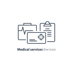Medical insurance policy concept logo, medicine card, check up clip board, suite of services, vector line icon