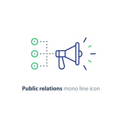 Promotion plan, social media marketing concept, megaphone mono line icon, public relations vector illustration