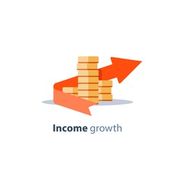 Income growth arrow, dividends concept, financial management, return on investment, budget planning, mutual fund, pension savings account, interest rate, fund raising, coins stack vector flat icon