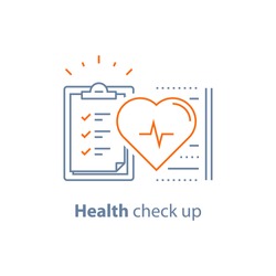 Health check up checklist, cardiovascular disease prevention test, heart diagnostic, electrocardiography service, undergo ecg procedure, medical checkup clipboard, hypertension risk, vector line icon