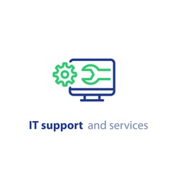 Computer repair services, cogwheel and wrench, IT support concept, software development, system administration, desktop upgrade and update, program installation, vector line icon