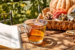 Cozy warm autumn composition with cup of hot tea, burning candle, open book and pumpkins on wooden background. Autumn home decor. Fall mood. Thanksgiving. Halloween.