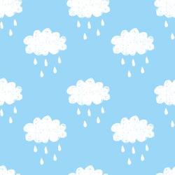 Raining cloud and falling drops seamless pattern. White on blue background. Children style vector illustration