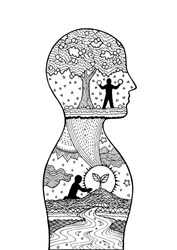 Human head man inside planting tree spirit power energy vector abstract art illustration design hand drawn