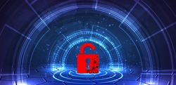 Cyber security attack technology concept.Padlock red open on  dark blue background.Cyber attack and Information leak concept.Vector illustration.