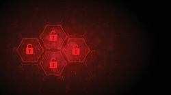 Cyber security destroyed.Padlock red open on electric circuits network dark red background.Cyber attack and Information leak concept.Vector illustration.