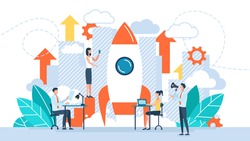 Startup new business project. Development process. Innovation product, creative idea. Business concept of vector illustration people are building a spaceship rocket. Cohesive teamwork in the startup