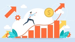 Tiny character runs for money. Exchange rate growth. Rising prices. Depreciation of money. Online Currency Exchange or Stock Investments Technology. Flat design. Vector business illustration.
