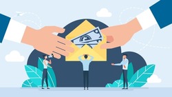 Corrupt man received money in envelope. Condemnation of criminal acts. Man giving bribe money in a yellow envelope to another businessman in a corruption scam. Dishonesty. Business vector illustration
