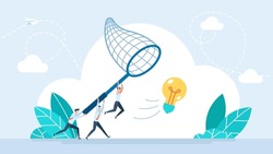 Business people chasing flying fight bulb. Inspiration concept. New creative idea thinking process, ideation for solution or innovation, development or learn skills concept. Vector illustration