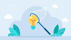 Catch light bulb. Idea concept. Chasing light bulb. Inspiration concept. Creative idea thinking process, ideation for solution or innovation, development or learn skills concept. Vector illustration