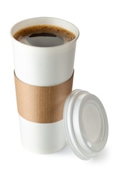 Opened take-out coffee with cup holder. Isolated on a white.