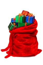 Bag of Santa Claus with gifts. Isolated on white.