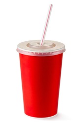 Red disposable cup for beverages with straw. Isolated on a white.