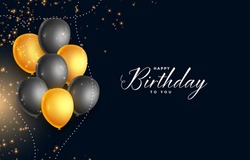 Beautiful realistic happy birthday vector greeting card with golden,  black & gold flying party balloons, confetti and stars on dark grey background. vector illustration.