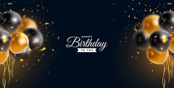 Vector happy birthday horizontal illustration on blue background with 3d realistic golden and black air balloon with text and glitter confetti. Holiday design for greeting card. party banner design