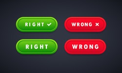 Right and wrong green and red buttons set. UI, UX web elements. Illustration of right or wrong icons. Different variations of ticks and crosses represents confirmation.