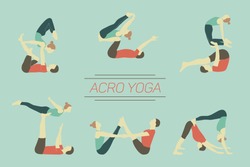 Set of acro yoga poses. Couple practicing asanas.