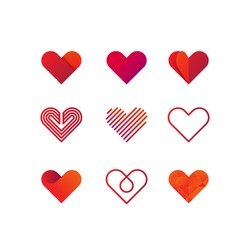 Set of heart vector logo. Line art, gradient and flat design templates