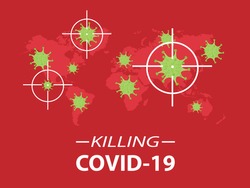Killing COVID-19 or Coronavirus in the world. Aim icon to virus target. World map on red background.